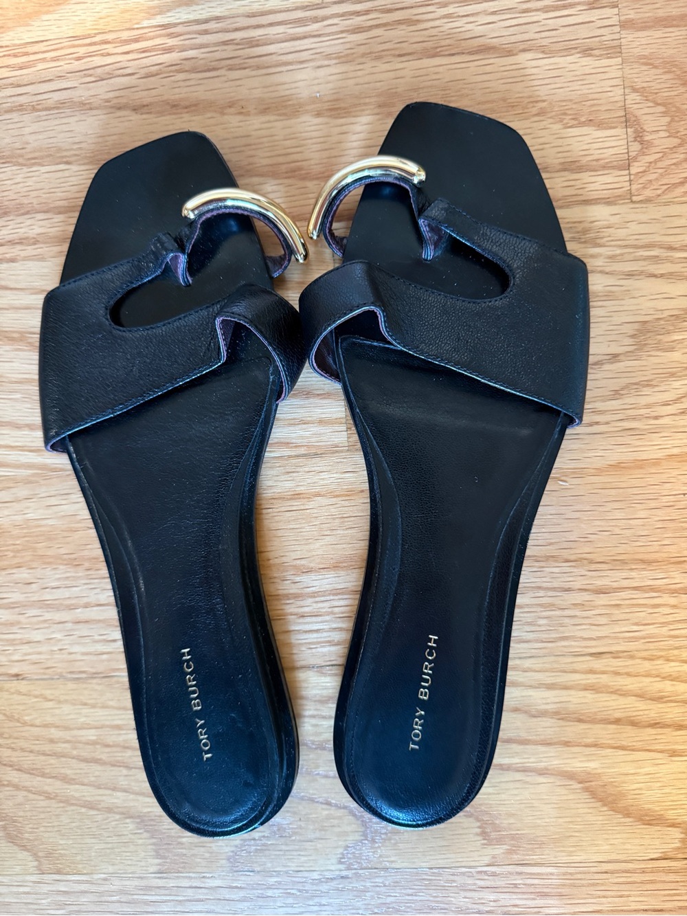 Tory Burch Black Leather Slide Sandals with Gold Hardware